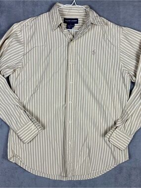 Ralph Lauren Polo Golf Striped Cotton Button Down Women's 8 Tan Vintage 90s